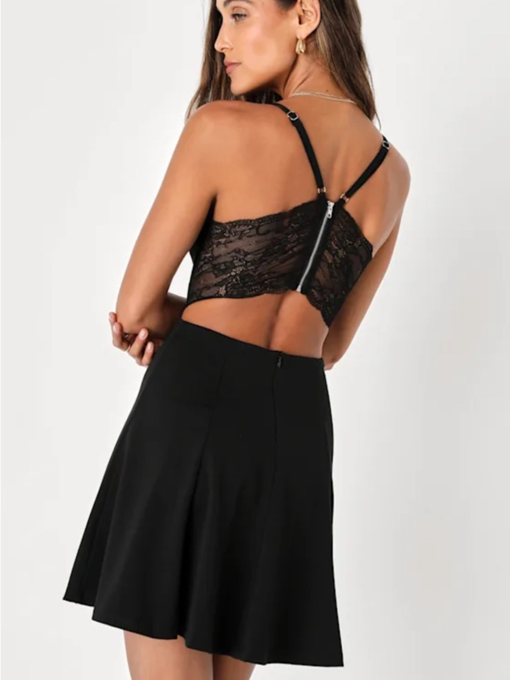 NWT LULU’S LUSH Skater Black Lace-Trim Spaghetti Strap Dress - Picture 4 of 8